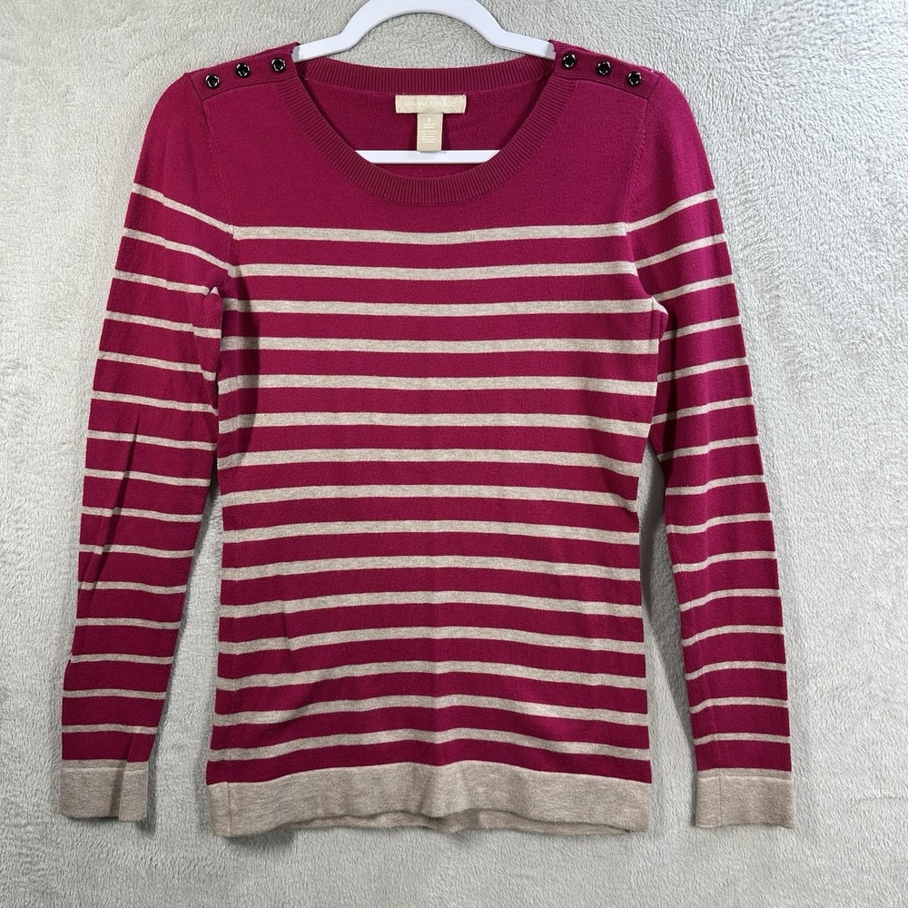 Banana‎ Republic Cotton Wool Blend Sweater Fuchsia Beige Stripes Size S Preppy